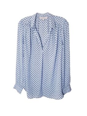 LOFT Light Blue Blouse with Black Geometric Design, like NEW!